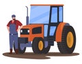 Agricultural man tractor driver standing near transportation vector flat illustration Royalty Free Stock Photo