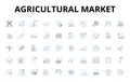 Agricultural market linear icons set. Produce, Crops, Farming, Livestock, Harvesting, Irrigation, Agribusiness vector