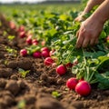 Agricultural richness Hands picking red radishes in a sun kissed field
