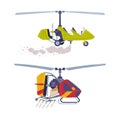 Agricultural rotorcraft airplanes. Helicopters spraying pesticides and fertilizers, side view flat vector illustration