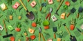 Agricultural rural garden tool. Green Seamless pattern. Shovels rakes and hoes. Packets of vegetable seeds. Flower pots