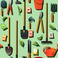 Agricultural rural garden tool. Seamless Green pattern. Shovels rakes and hoes. Packets of vegetable seeds. Watering can