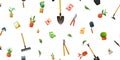 Agricultural rural garden tool. Seamless pattern. Isolated on white background. Shovels rakes and hoes. Packets of