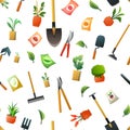 Agricultural rural garden tool. Seamless pattern. Isolated on white background. Shovels rakes and hoes. Packets of