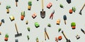 Agricultural rural garden tool. Seamless pattern. Shovels rakes and hoes. Packets of vegetable seeds. Flower pots with