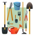 Agricultural rural garden tool. Watering can and bucket for watering. Shovels rakes and hoes. Logo and symbol logotype