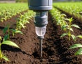 Agricultural sensor probe testing soil in smart farm, generative ai Royalty Free Stock Photo