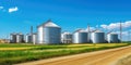 Agricultural Silos - Building Exterior, Storage and drying of grains, wheat, corn, soy, sunflower against the blue sky with rice Royalty Free Stock Photo