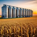 Agricultural Silos for storage and drying of Beautiful landscape of sunset over wheat field at Royalty Free Stock Photo