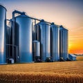 Agricultural Silos for storage and drying of Beautiful landscape of sunset over wheat field at Royalty Free Stock Photo