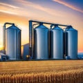 Agricultural Silos for storage and drying of Beautiful landscape of sunset over wheat field at Royalty Free Stock Photo