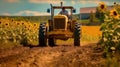 An agricultural tractor drives along the road past a field of sunflowers