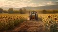 An agricultural tractor drives along the road past a field of sunflowers