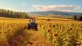 An agricultural tractor drives along the road past a field of sunflowers Royalty Free Stock Photo