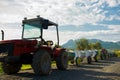 Agricultural tractor equipped with small wagons to make trips to children in the agrarian lands