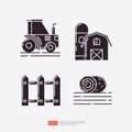 Agricultural tractor, farm barn building, wood fence, rolled hay or grass. Agriculture and farming glyph icon set. Vector Royalty Free Stock Photo