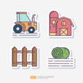 Agricultural tractor, farm barn building, wood fence, rolled hay or grass. Agriculture and farming sticker icon set. Vector Royalty Free Stock Photo