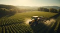 Agricultural tractor spraying pesticides on soybean field for pest control and crop protection