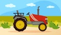 Agricultural transport for plowing fields. Red tractor riding on background of field, meadow