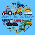 Agricultural vehicle farm equipment, machines vector illustration. Tractors, harvesters, combines. Agriculture business