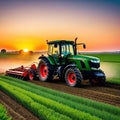 Agricultural vehicle works at sunset in genrative Royalty Free Stock Photo