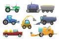 Agricultural vehicles harvester vector tractor machine, combines and excavators. Icon set agricultural harvester machine