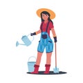 Agricultural work. Cartoon female farmer character working in field, woman with shovel and bucket, girl with watering Royalty Free Stock Photo