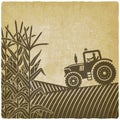 Agricultural work in corn field vintage background illustration