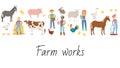 Agricultural work and life on the farm cartoon vector illustration. Farmers plowing, planting, watering, milking farm