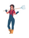 Agricultural worker. Cartoon woman with pitchfork. Female character holding hayfork. Smiling farmer waving hand