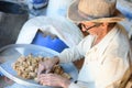 agricultural worker harvesting baru nuts typical Brazilian cerrado fruit