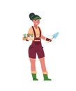 Agricultural workers. Girl stands with box of seedlings and shovel. Cartoon woman gardener, grow flowers and vegetables