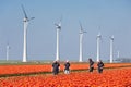 Agricultural workers reviewing tulip field with windturbines in the Netherlands Royalty Free Stock Photo