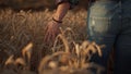 Agriculturalist man walking in the field on sunset and touching harvest