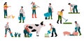 Agriculture and animal farm. Cartoon farmers work in field. People feed livestock or milk cow. Gardeners sell crops and Royalty Free Stock Photo