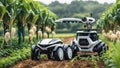 Agriculture area with two robotic harvesters are revolutionizing the farming landscape with their cutting-edge technology.