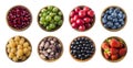 Top view. Fruits and berries in bowl on white background. Fruits with copy space for text. Collage of different fruits and berries