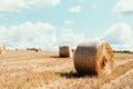 Agriculture Background With Copy Space. Harvested Field With Straw Bales. Summer And Autumn Harvest Concept