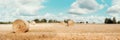 Agriculture background with copy space. Harvested field with straw bales. Summer and autumn harvest concept. Banner Royalty Free Stock Photo