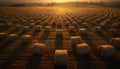 Agriculture bales in a rural meadow, nature golden sunset beauty generated by AI Royalty Free Stock Photo