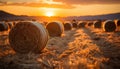 Agriculture beauty in nature sunset, farm, meadow, wheat, landscape generated by AI