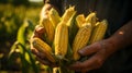 Agriculture Close up of hands of farmer carrying ripe corn on the cob