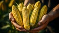 Agriculture Close up of hands of farmer carrying ripe corn on the cob