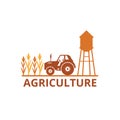 agriculture corn field farm industry vector logo design with tractor and water tower in the land