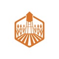agriculture corn field farm industry vector logo design with water tower in the middle of the field
