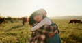 Agriculture, cows and mother hug child for sustainability farming, animal care and love on sky lens flare mock up