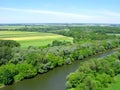 Agriculture, fields in wooded area, Morava river, top view