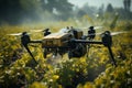 Agriculture drone in action, precisely spraying fertilizer over lush crops. Cutting-edge technology optimizes crop growth. Ai