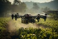 Agriculture drone in action, precisely spraying fertilizer over lush crops. Cutting-edge technology optimizes crop growth. Ai