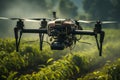 Agriculture drone in action, precisely spraying fertilizer over lush crops. Cutting-edge technology optimizes crop growth. Ai